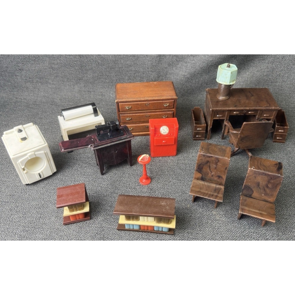 Vintage MCM Lot Of 13 Pieces Of Dollhouse Furniture Desk Book Shelf Lamp Ashtray